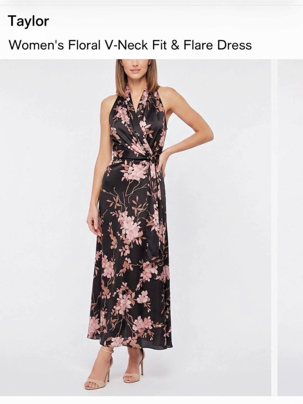 Taylor Women's Floral V-Neck Fit & Flare Dress Maxi Dress in Black & Pink
